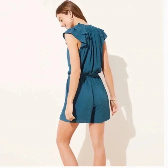 LOFT Petite XSP Clip-Dot Romper – Teal | Ruffle Sleeve, Belted, Lined - Picture 3 of 9